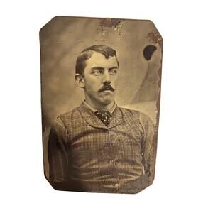 Tintype Photograph Long Faced Man with Mustache, Plaid Jacket and Striped Shirt